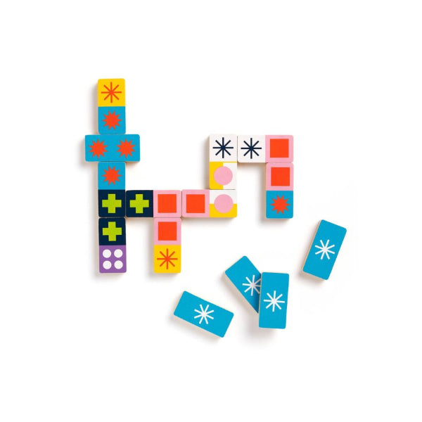 Jonathan Adler Wood Domino Set with its colorful geometric patterned box and three wooden domino pieces displayed on a clean white 
