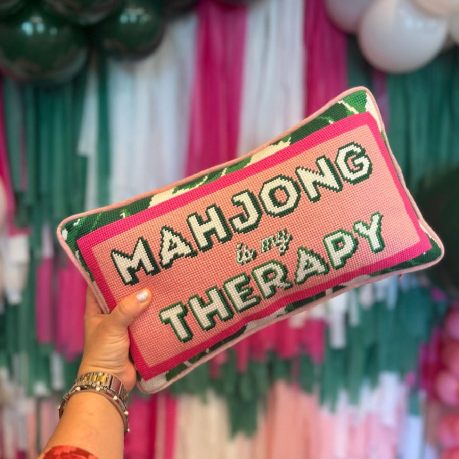Mahjong needlepoint pillow pink green preppy