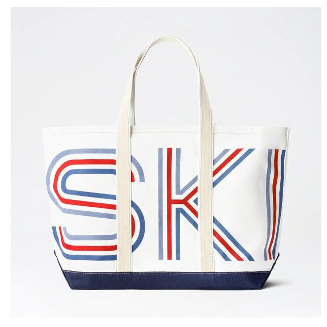 Retro ski bag tote with red and blue writing 