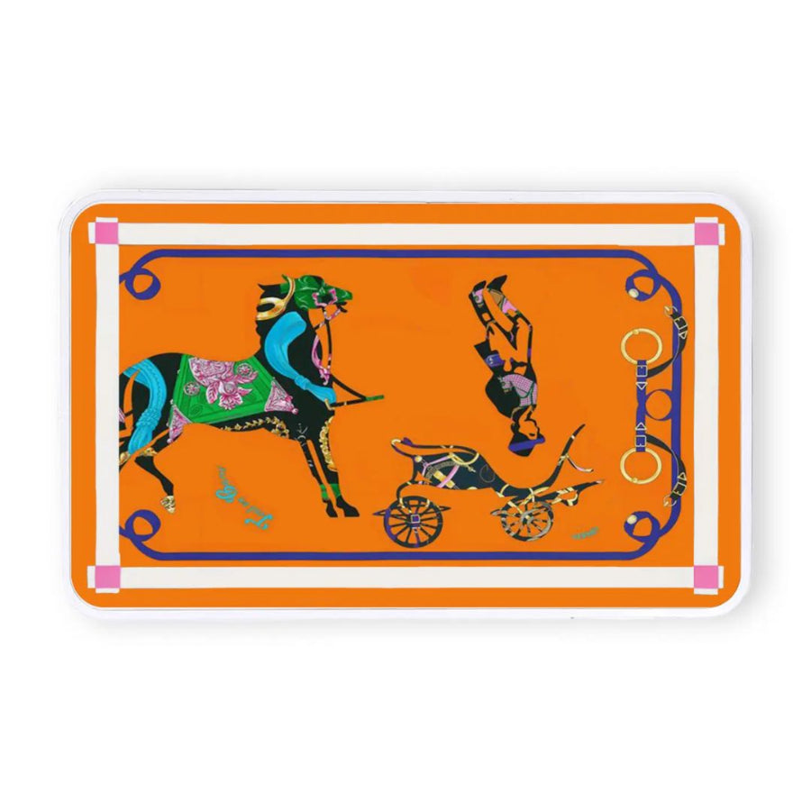 Decorative box with horse and carriage design on an orange background