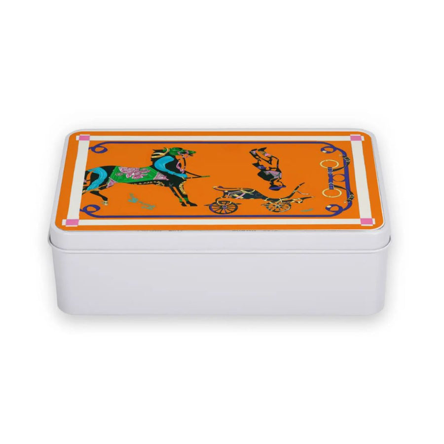 Rectangular tin box with horse and carriage design on an orange background