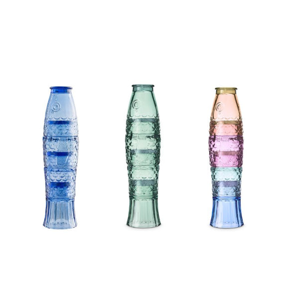 blue green and rainbow stacked fish drinking glasses