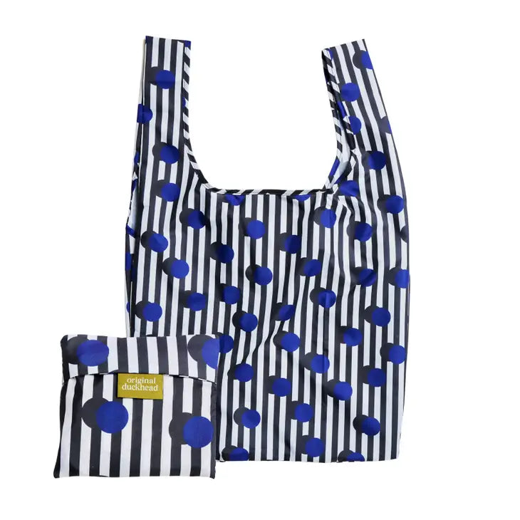 blue and white reusable tote bag