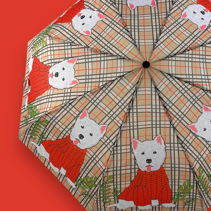 plaid umbrella with white westie dogs