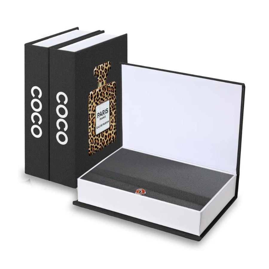 Black book-shaped box with 'COCO' branding and leopard print design on a white background