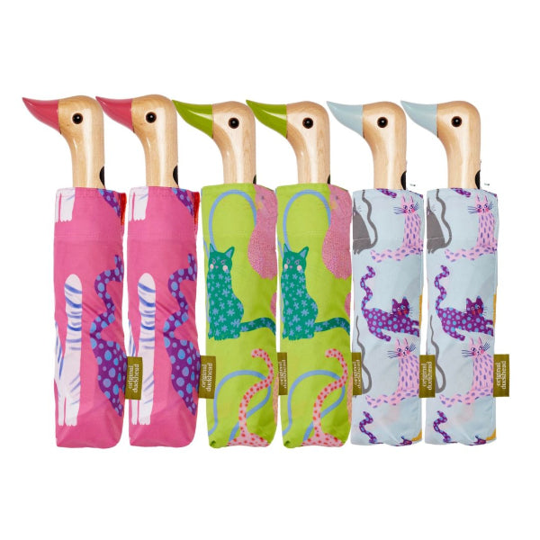 Set of five colorful duck-shaped bottle coolers with different cat patterns on a white background