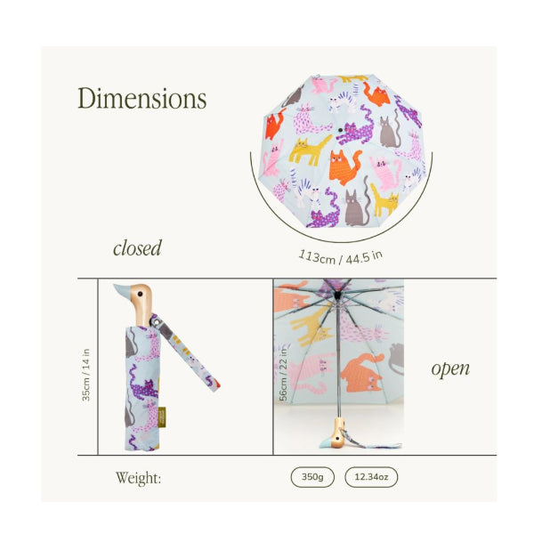 Dimensions and weight information of a children's umbrella with animal design on a white background.