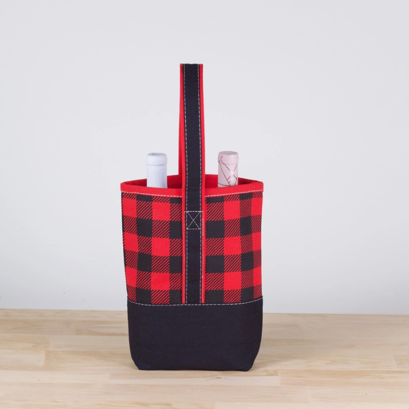 holiday plaid wine tote bag gift