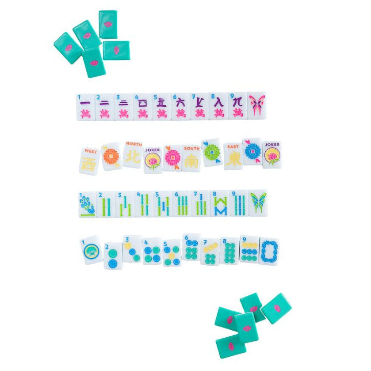 Collection of colorful Mahjong tiles on a white background