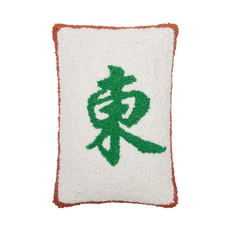 Square pillow with green Chinese character on white background