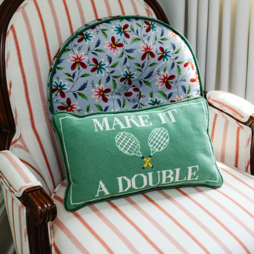 "make it a double" needlepoint funny tennis pillow