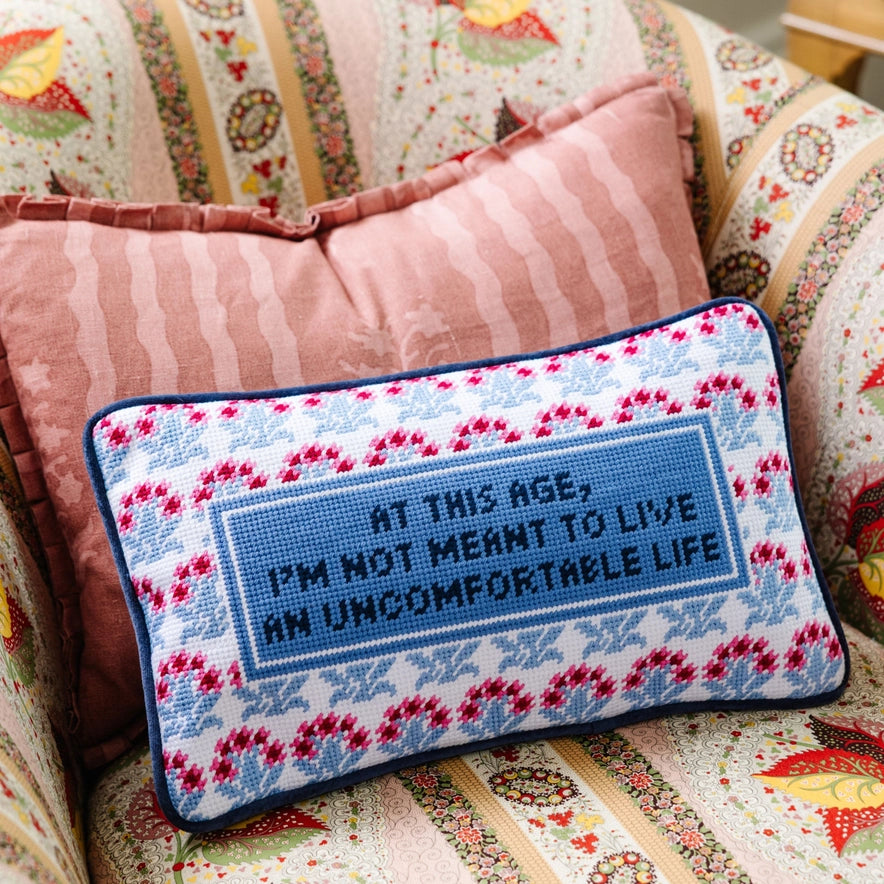 uncomfortable life funny needlepoint pillow