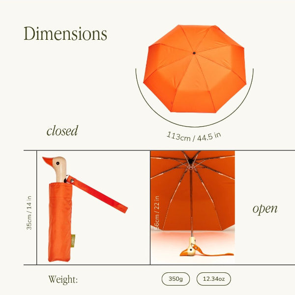 Orange umbrella with measurements of closed and open dimensions, weight, and a wooden duck handle on a white background.