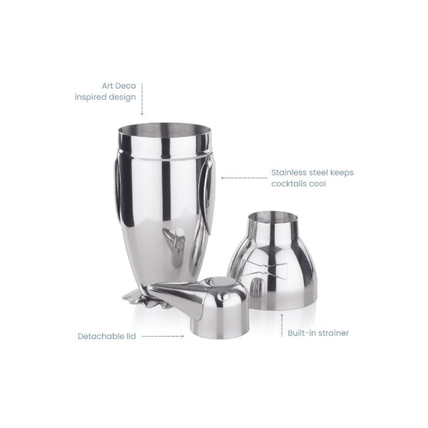 A stainless steel cocktail shaker set on a white background with callout lines and text labels describing features such as Art Deco inspired design, built-in strainer, detachable lid, and stainless steel keeping cocktails cool.