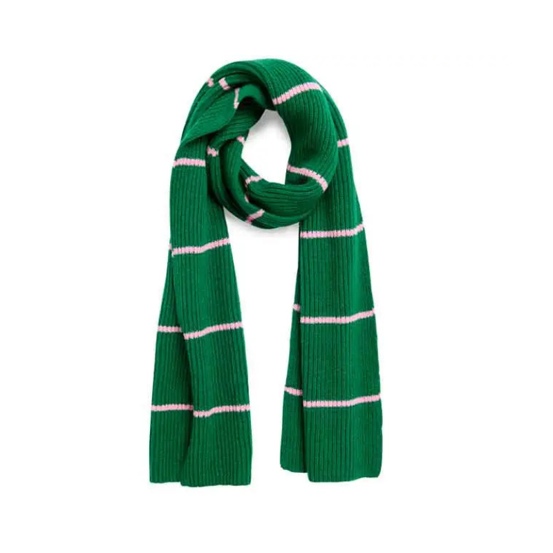 womens Green scarf with pink stripes on a white background