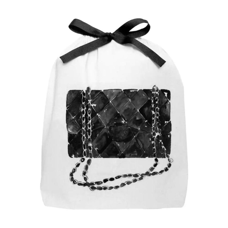 Black handbag with chain detail on a white background