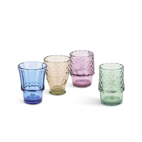 Four textured glass tumblers in blue, pale yellow, pink, and green, arranged on a clean white background.