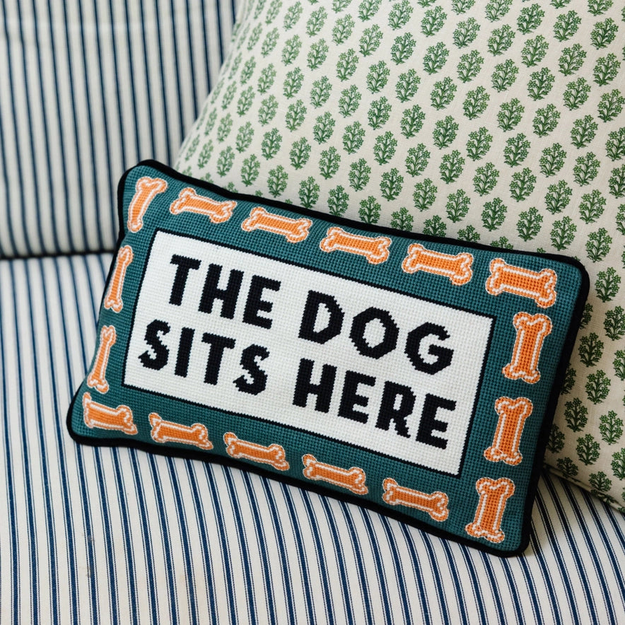 funny the dog sits here needlepoint pillow