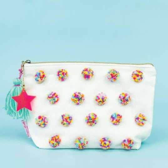 colorful pom pom travel bag