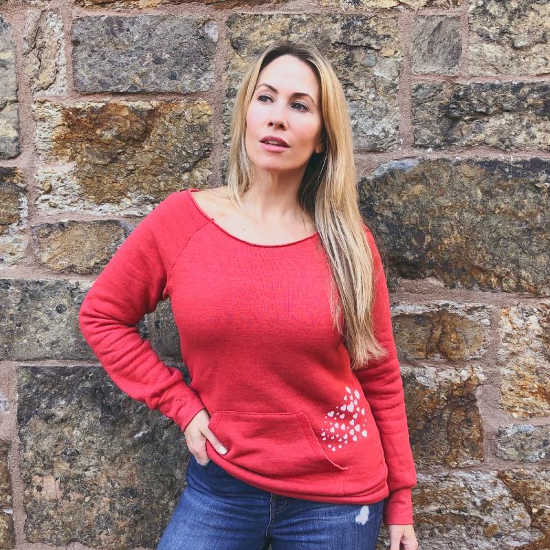 red hearts graphic sweatshirt on model